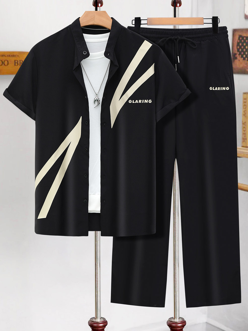 休闲架子项圈短袖衬衫和裤子套装