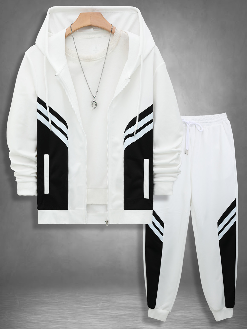 男士休闲拉链连帽衫和运动裤套装